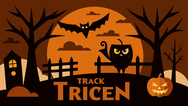 Halloween tricen logo with spooky graveyard and bat silhouettes