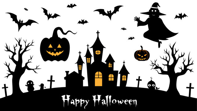 Happy halloween spooky castle with bats and jack-o-lanterns