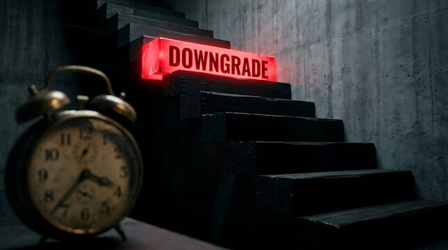 Dark staircase with alarm clock and downgrade sign