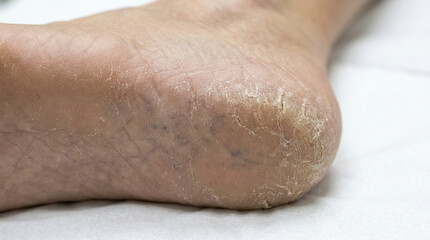 Fototapeta premium Dry heel cracked skin rough texture aging foot close up unhealthy skin flaky dehydrated dermatology medical condition. Dry heel with cracked skin and rough texture showing signs of aging