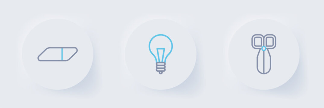 Set line Scissors, Light bulb with concept of idea and Eraser rubber icon. Vector
