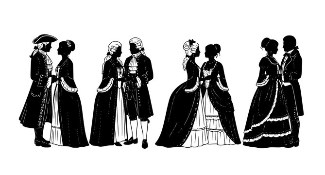Historical couples silhouettes in retro fashion 17th 18th 19th century romantic pairs vector illustration