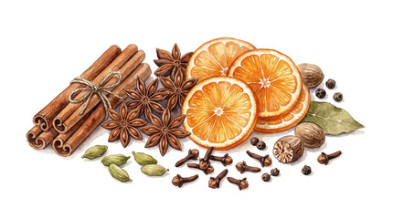 Watercolor mulled wine spices with orange slices cinnamon sticks and star anise, festive food composition isolated on white or transparent background © Nataliia Pyzhova