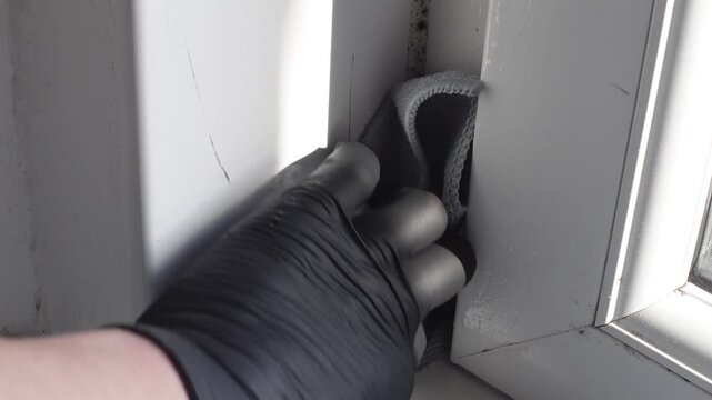Wiping window corner after applying mold remover spray