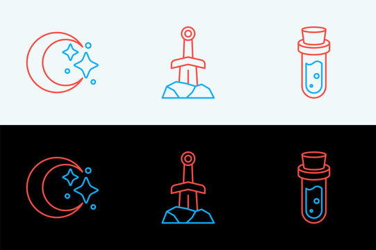 Set line Bottle with potion, Moon and stars and Sword in the stone icon. Vector