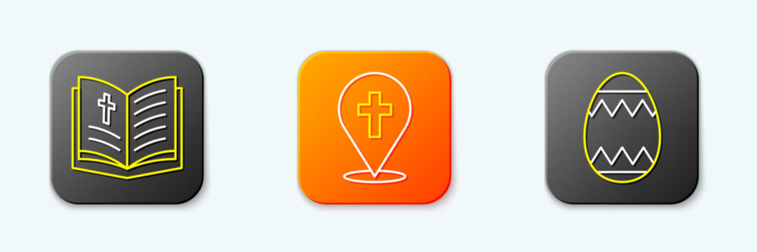 Set line Holy bible book, Location church building and Easter egg icon. Vector