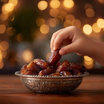Share the sweetness of tradition: a child's hand reaching for a fresh date from an ornate silver bowl, set against a warm bokeh background, perfect for Ramadan iftar themes and cultural hospitality.