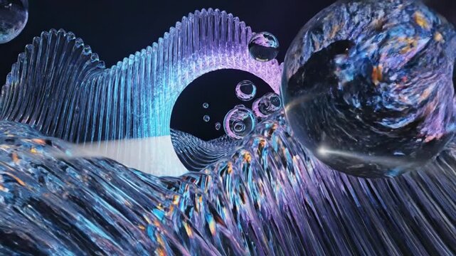 Abstract digital composition of flowing forms and transparent spheres