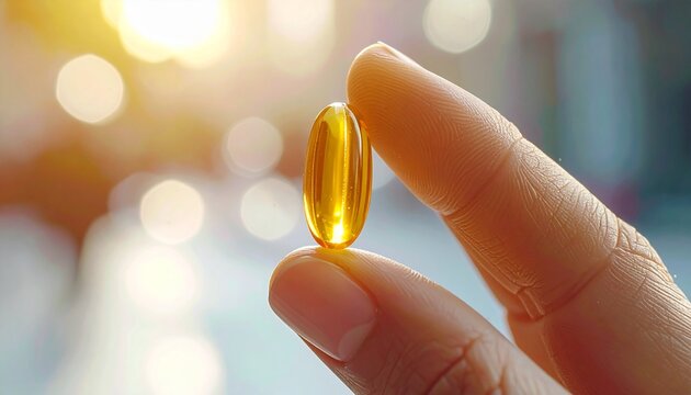 Hand Holding Golden Vitamin Capsule.