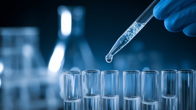 Advance scientific discovery: a precision macro shot of a gloved hand using a pipette over laboratory test tubes, perfect for medical research and biotechnology branding. Lab technician.