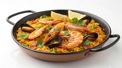 Fototapeta premium Seafood paella in a pan with shrimp, chicken, pork, vegetables and spicy sauce, a delicious gourmet fried dinner dish