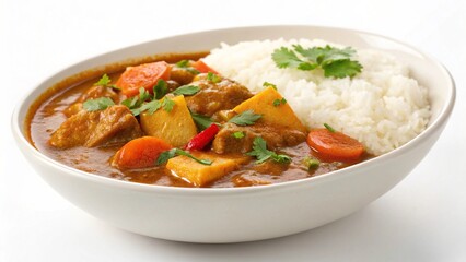Fototapeta premium Thai chicken curry with rice and vegetables in a bowl, spicy red curry sauce with chicken and herbs, traditional hot lunch or dinner dish