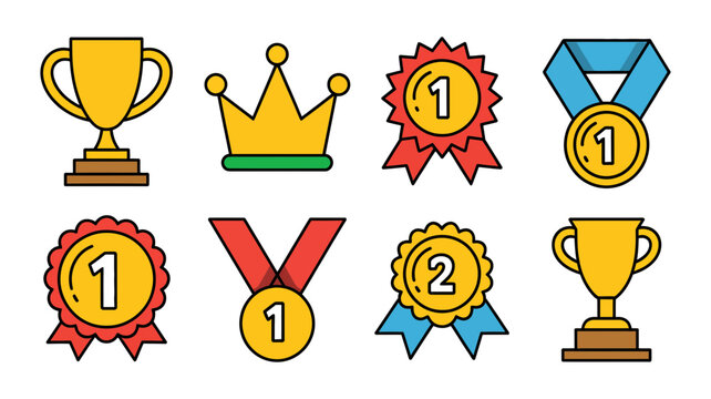 A bright collection of colorful cartoon-style awards featuring trophies, crowns, and distinction medals.
