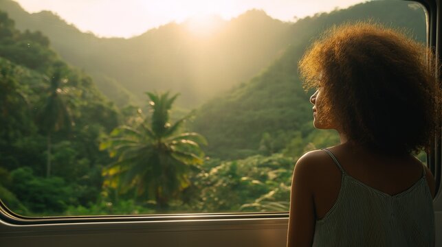Discover serenity on the tracks: a woman with curly hair gazing at a golden sunset over lush tropical mountains from a train window, perfect for wanderlust and wellness campaigns. Solo traveler.
