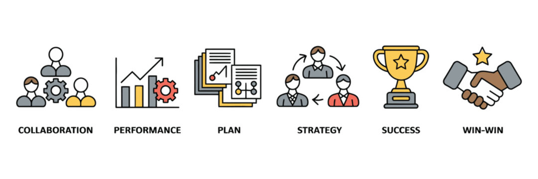 Business management icons set, collaboration, performance, plan, strategy, success, winwin, vector illustration isolated on white background