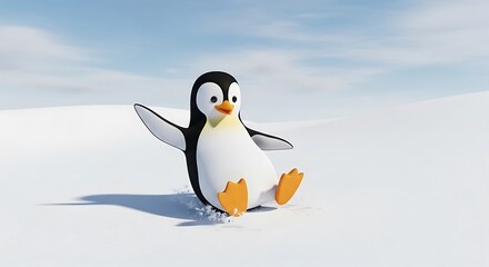 Obraz premium Cute cartoon penguin sliding gracefully on snowy terrain with arms outstretched