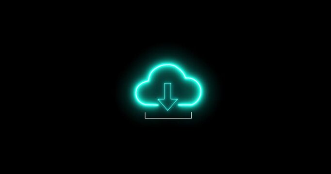 Glowing neon cloud download arrows icon on black background. Indicating file saving, cloud syncing, and data transfer arrow down symbol icon animation 