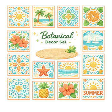 summer tile collection, vibrant tile patterns, colorful geometric tiles, abstract tile design, summer color palette, decorative tile set, modern pattern collection, seamless tile patterns, mosaic styl
