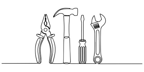 Continuous single line drawing of various construction tools arranged in a row on white background, illustration featuring a hammer pliers screwdriver and wrench Vector, illustration. minimal construc © Gerish