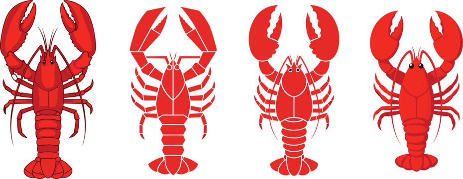 Lobster Illustration Set with Detailed Red Crustacean Seafood Icons from Different Angles for Restaurant Menu, Marine Life Design, and Food Branding Use