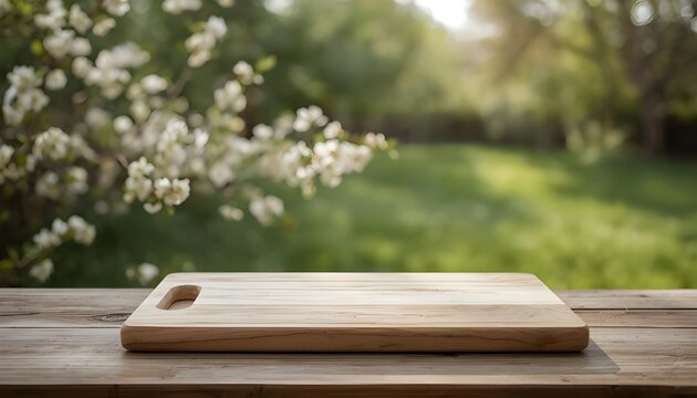 Wooden Cutting Board on Table with Blurred Spring Garden Background Featuring Blooming White Flowers and Sunlit Greenery