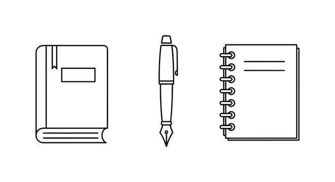 Pen and notebook with book.