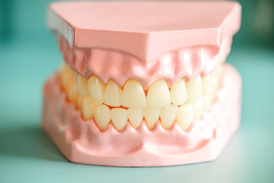 Dental denture model showing full set of teeth and occlusion on blue background for clinical education