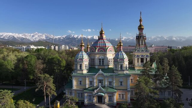 Quadcopter view of the Orthodox wooden Ascension Cathedral built in 1907 in the Kazakh city of Almaty