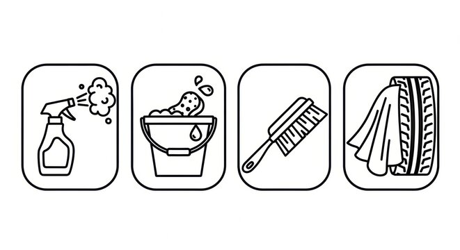 Set of linear icons for car washing, including spray bottle, bucket with soap, brush, and tire with cloth