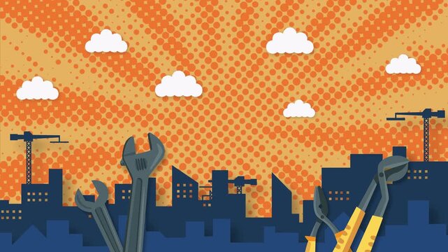 Labor tools, cityscape, Happy Labor Day, animated background, 4K