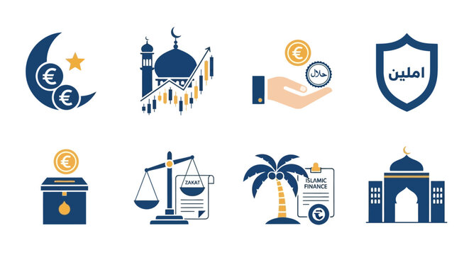 Islamic Finance and Banking Icons Set with Mosque, Zakat, and Halal Concepts.