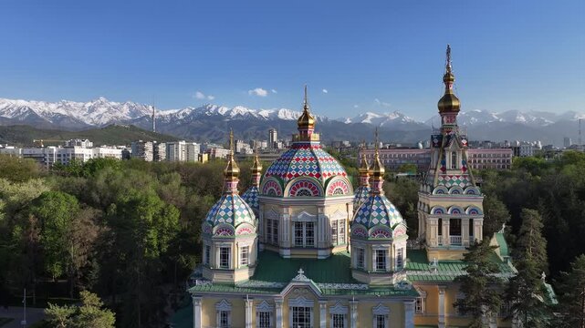 Quadcopter view of the Orthodox wooden Ascension Cathedral built in 1907 in the Kazakh city of Almaty