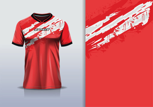 T-shirt mockup abstract texture grunge sport jersey design for football, soccer, racing, esports, running, white red color