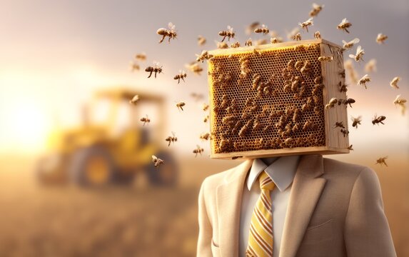 Businessman with Beehive Head Surrounded by Flying Bees Outdoor Landscape