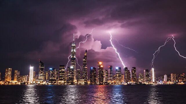 Dramatic lightning storm over city skyline.