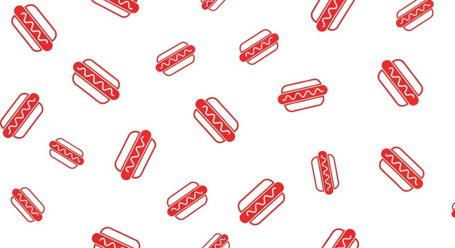 Red line art hot dog icons scattered in a seamless pattern for food packaging or web design.