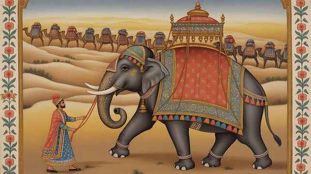 Indian Miniature Painting from Udaipur: Mughal Emperor Riding an Adorned Elephant