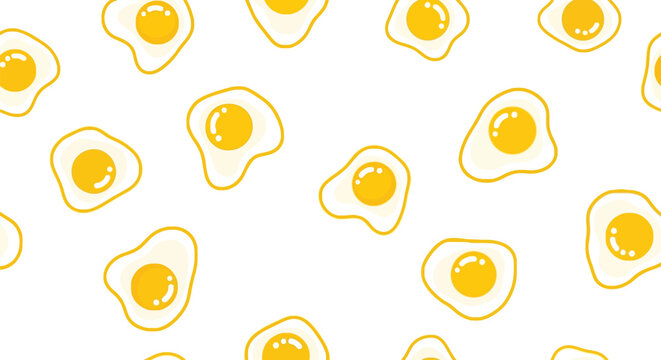 Seamless pattern of pixel art fried eggs with bright yellow yolks for breakfast theme