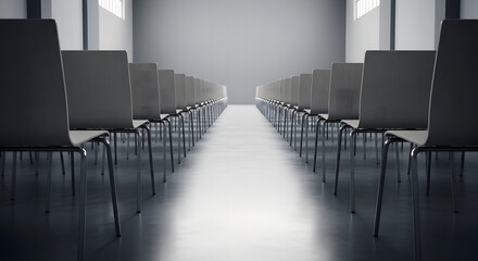 Fototapeta premium Symmetric Rows of Empty Modern Chairs in a Bright Hallway