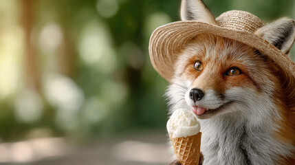 Fototapeta premium Red fox cartoon character wearing sunglasses and a hat, happily enjoying a refreshing ice cream cone, symbolizing summer joy, sweet treats, and cool relaxation