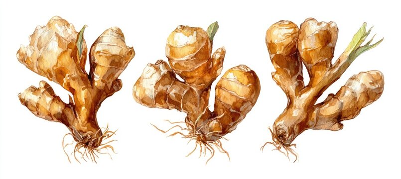 Watercolor painting of three ginger rhizomes with roots and emerging sprouts on a white background