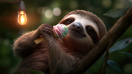 Fototapeta premium Sloth enjoying a delicious ice cream treat on a tree branch, celebrating summer freshness and sweet moments in a tropical forest environment with happy expression