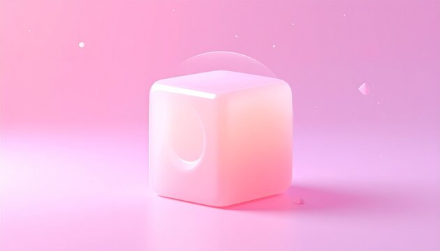Glowing jelly cube on soft pink gradient background, minimalist dessert concept