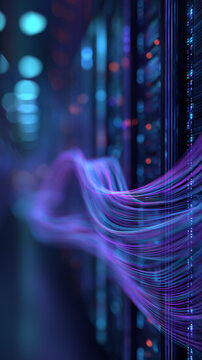 Abstract visualization of digital data streams flowing through a server room