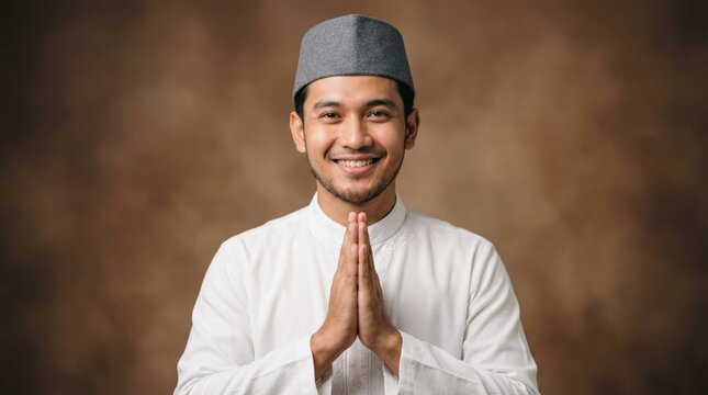 Joyful Muslim Man Expressing Warm Greetings