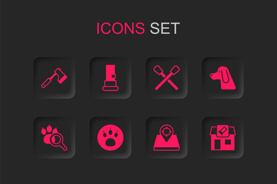 Set Paw search, Cartridges, Wooden axe, Hunt place, Hunting dog, shop, Burning match with fire and icon. Vector
