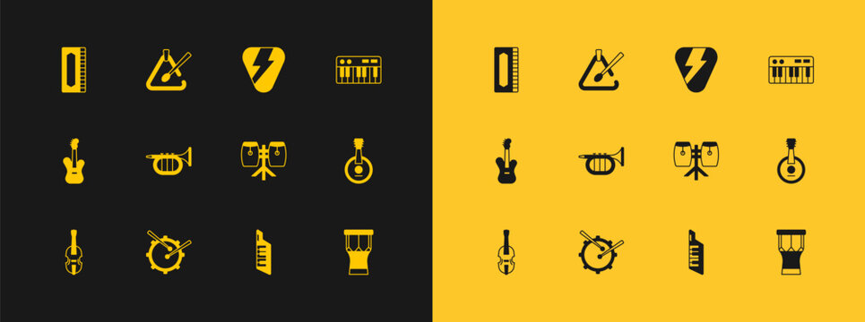 Set Music synthesizer, Drum with drum sticks, Conga drums, Keytar, Trumpet, Guitar pick, Harmonica and Triangle musical instrument icon. Vector