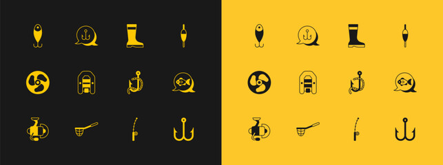 Set Fishing float, net, hook and worm, rod, Inflatable boat with motor, boots, lure and icon. Vector © Iryna