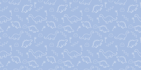 Cute Dinosaur Pattern on Blue Background, White Line Art Dino Sketch Seamless Vector Illustration for Kids and Boys Nursery © Meyto Elements