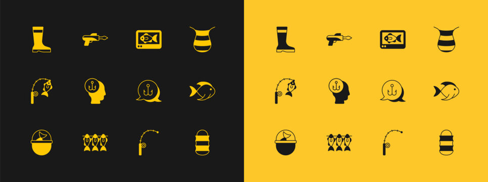 Set Fishing net, Dried fish, hook, rod, Fisherman, finder echo sounder, boots and harpoon icon. Vector